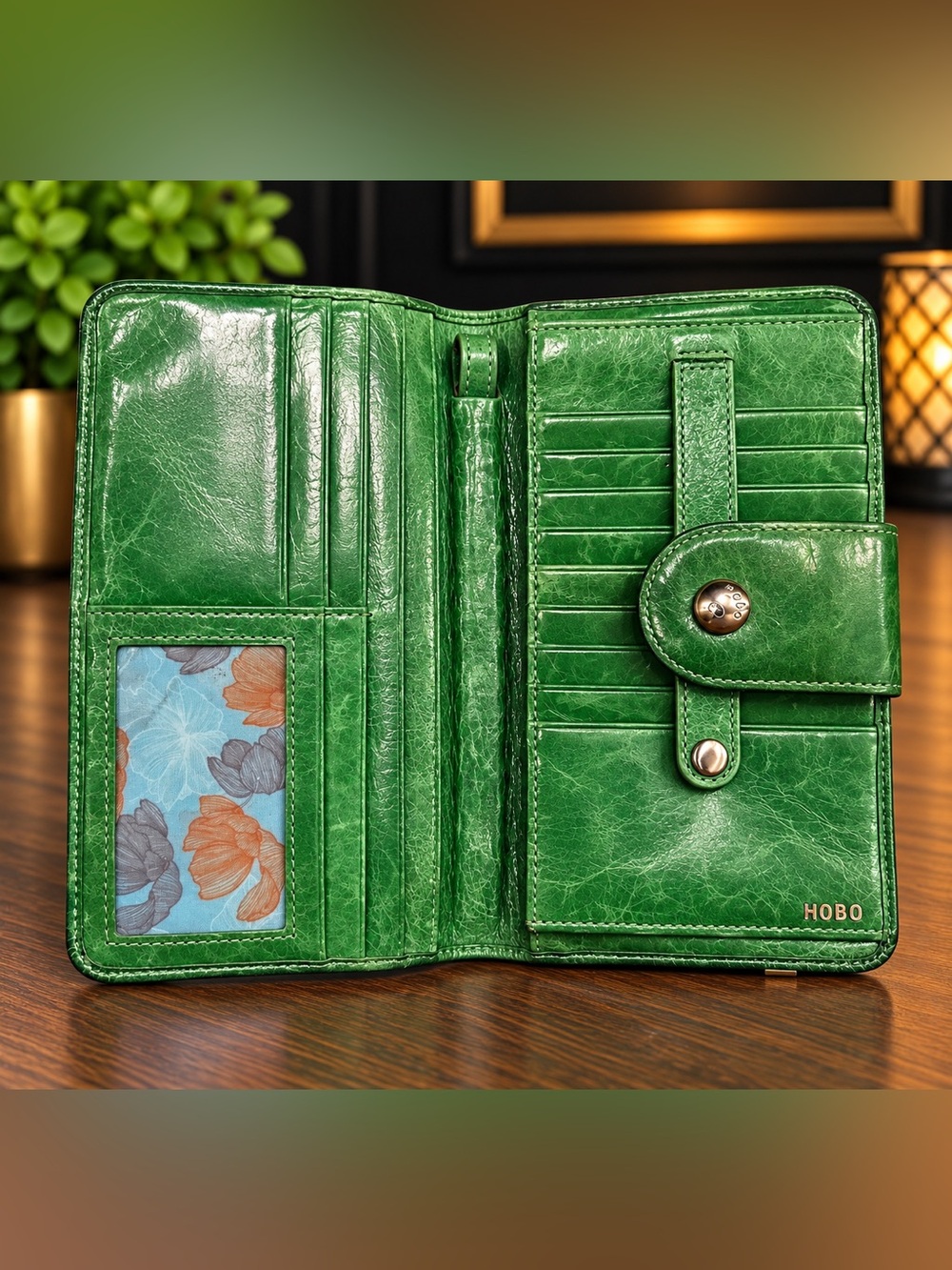 HOBO Bright Green Distressed Leather Continental Bifold Wallet